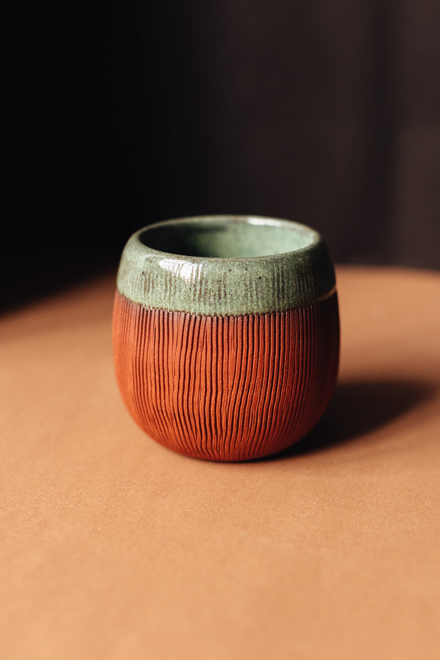 Lines terracotta green coffee cup with no handle - Merenok ceramics, handmade