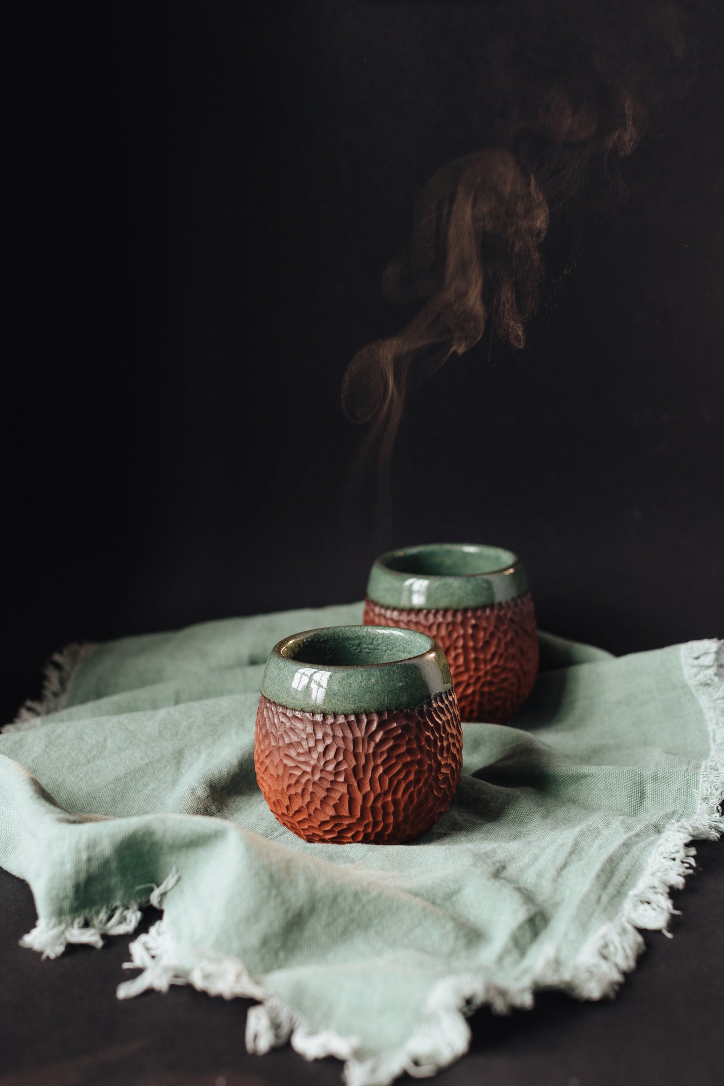 Terracotta green coffee cup with no handle - Merenok ceramics, handmade