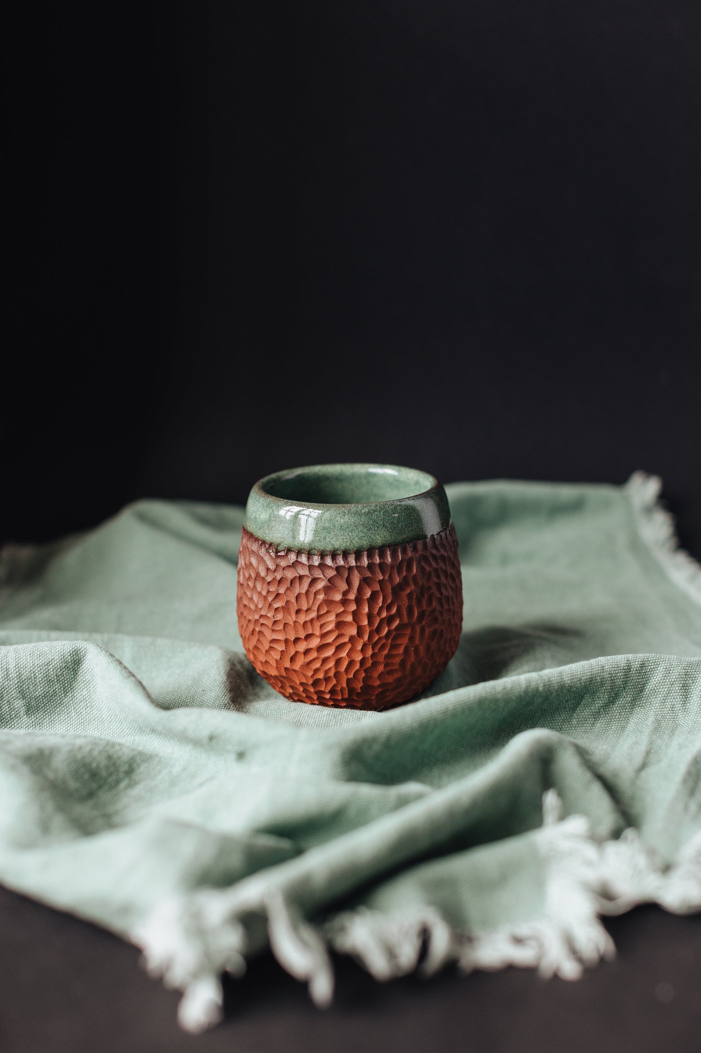 Terracotta green coffee cup with no handle - Merenok ceramics, handmade