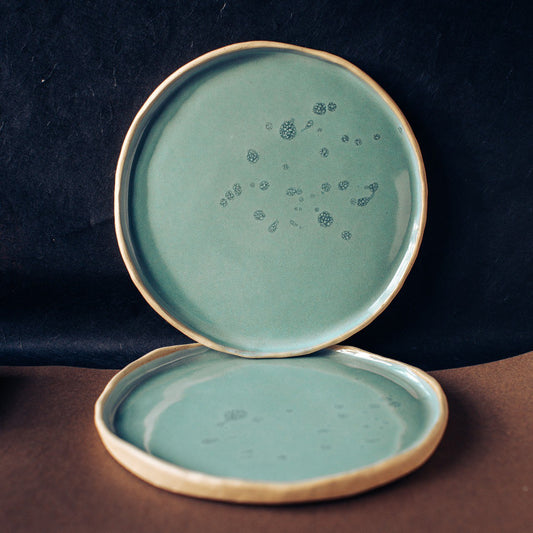 Sea green patterned plates, sandy clay, 22cm - Merenok ceramics, handmade, handgemaakt bord